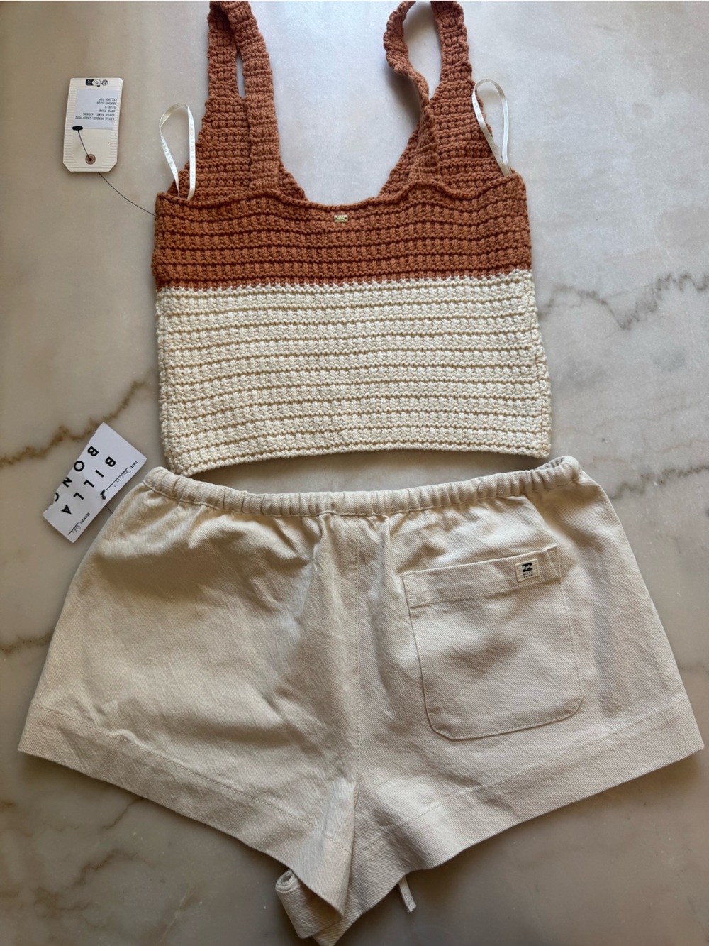 Billabong Two-Tone Brown and Cream Crocheted Crop Tank & Crème shorts - Picture 2 of 8